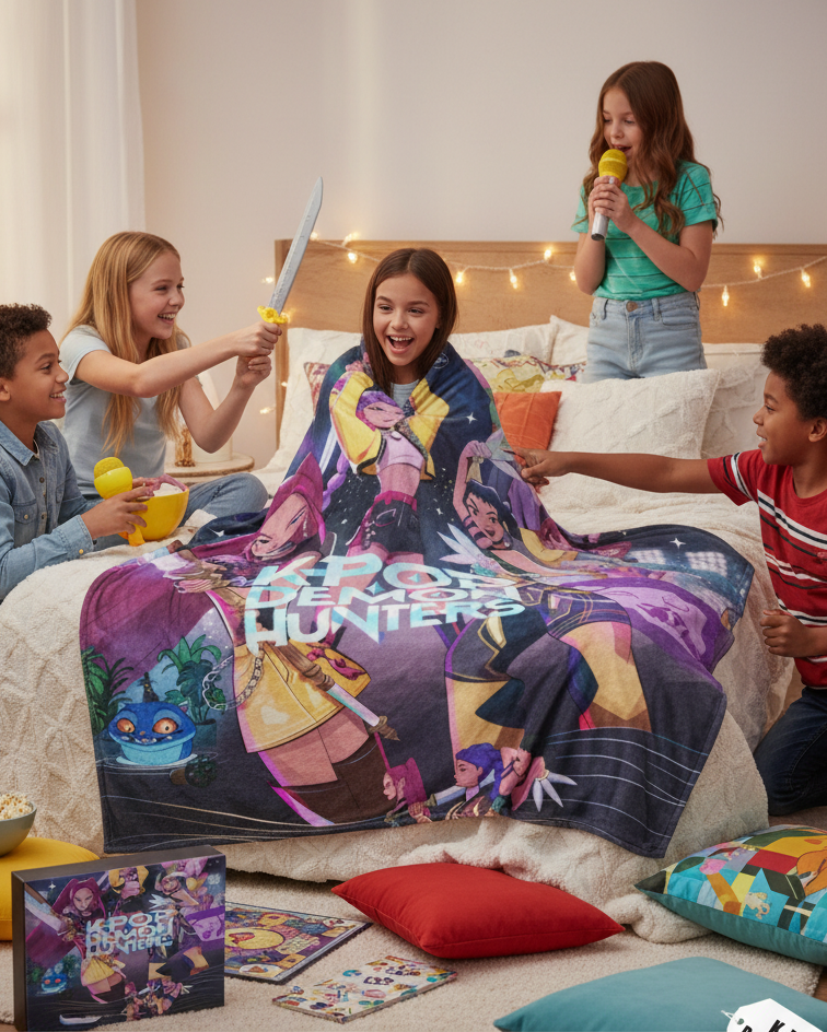 Children playing with a K-Pop themed blanket and toys in a bedroom.