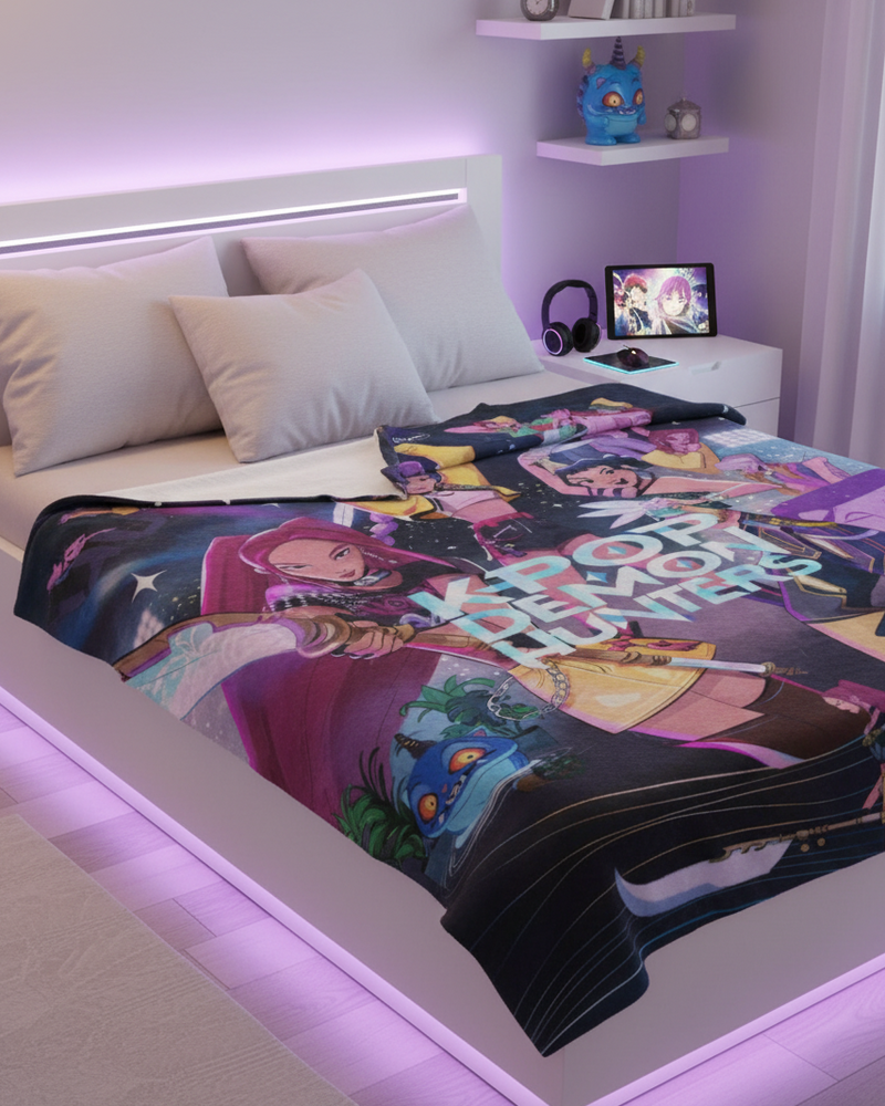 Bed with an animated character blanket in a room with purple lighting

